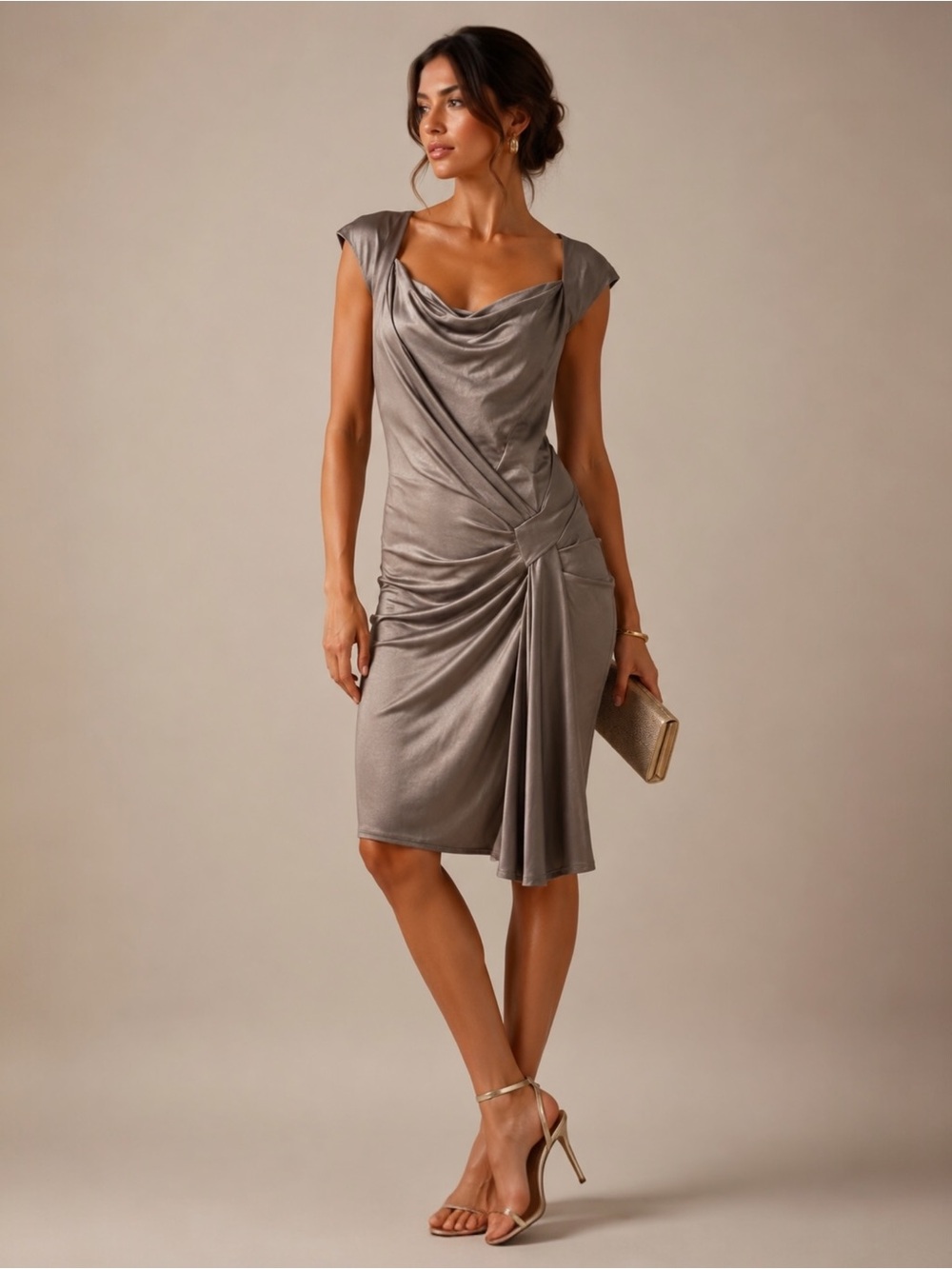 Elegant Taupe Draped Cocktail Dress
